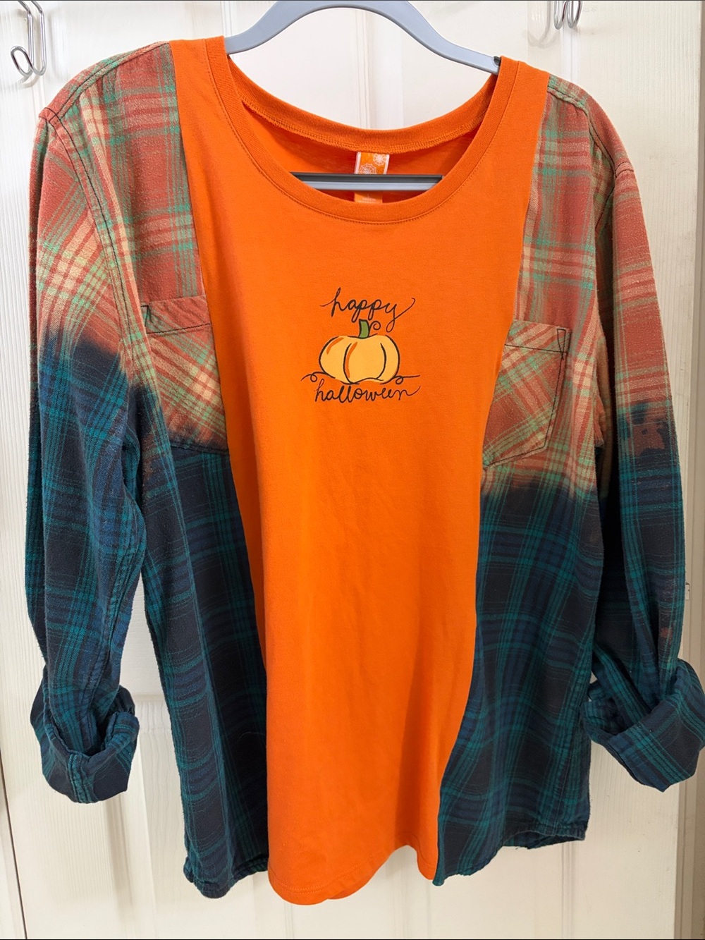 Orange Halloween Pumpkin Graphic Tee with Plaid upcycled shirt